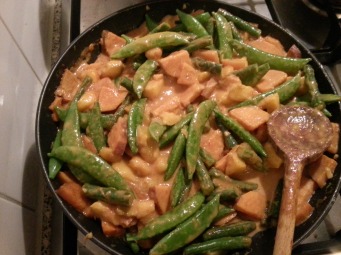 Later add green beans, red curry paste, ginger and sugar snaps!